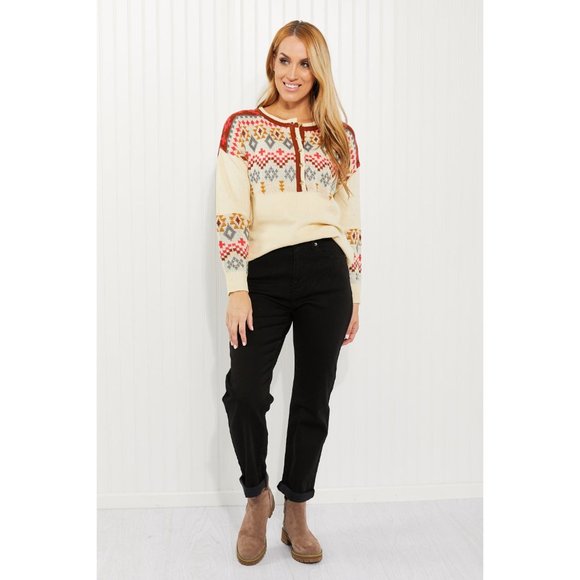 Andree by Unit Full Size Geometric Half-Button Henley Sweater - Picture 4 of 9